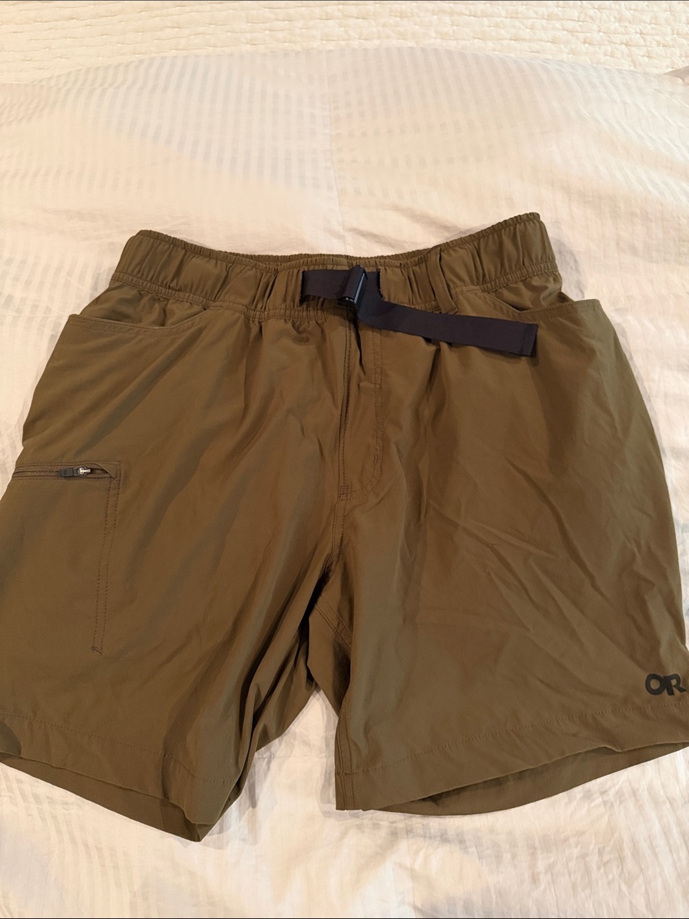 Mens Outdoor Research Olive Athletic Stretch Shorts with Webbing Belt